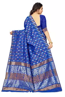 Blue Embroidered Cotton Saree With Blouse