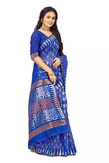 Blue Embroidered Cotton Saree With Blouse