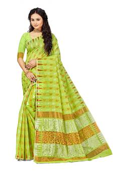 Green Embroidered Cotton Saree With Blouse