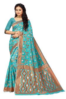 Blue Embroidered Cotton Saree With Blouse