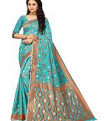 Blue Embroidered Cotton Saree With Blouse