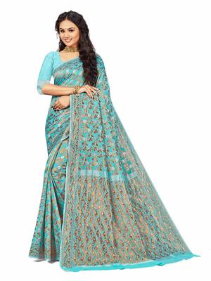 Blue Embroidered Cotton Saree With Blouse 1