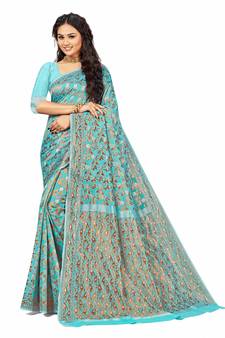 Blue Embroidered Cotton Saree With Blouse