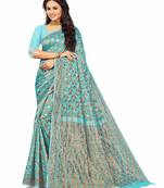 Blue Embroidered Cotton Saree With Blouse