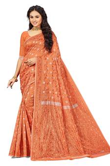 Multicolor Embroidered Cotton Saree With Blouse