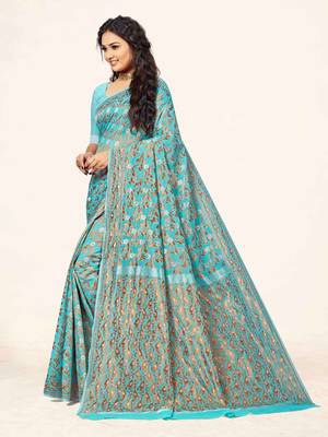 Blue Embroidered Cotton Saree With Blouse 2