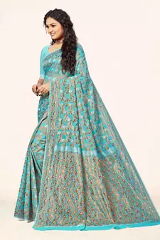 Blue Embroidered Cotton Saree With Blouse