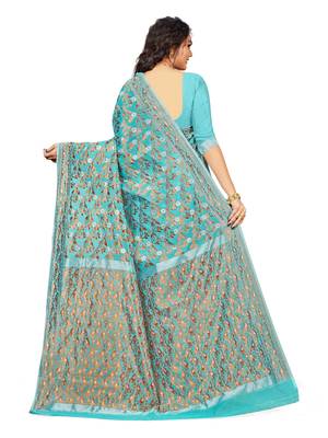 Blue Embroidered Cotton Saree With Blouse 3
