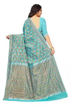 Blue Embroidered Cotton Saree With Blouse