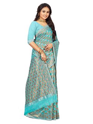 Blue Embroidered Cotton Saree With Blouse 4