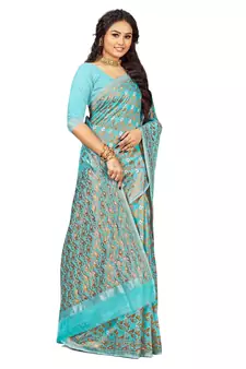 Blue Embroidered Cotton Saree With Blouse