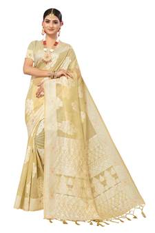 Beige Embroidered Cotton Saree With Blouse