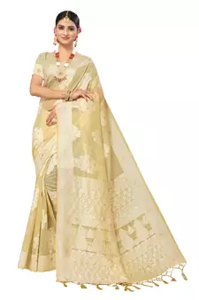 Beige Embroidered Cotton Saree With Blouse