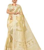 Beige Embroidered Cotton Saree With Blouse