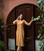 Weavllite Women's Mustard  Pure Cotton Block printed Kurta Set
