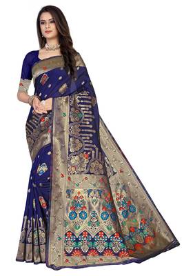 Blue Embroidered Art Silk Saree With Blouse 1