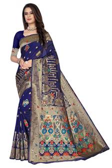 Blue Embroidered Art Silk Saree With Blouse