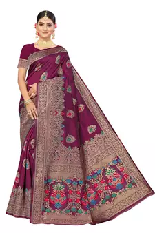 Purple Embroidered Art Silk Saree With Blouse