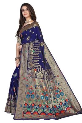 Blue Embroidered Art Silk Saree With Blouse 2