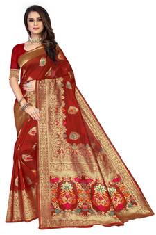 Maroon Embroidered Art Silk Saree With Blouse
