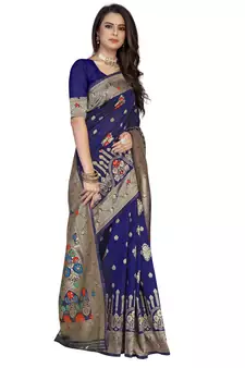 Blue Embroidered Art Silk Saree With Blouse