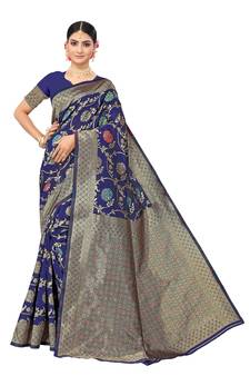 Blue Embroidered Art Silk Saree With Blouse