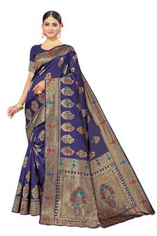 Blue Embroidered Art Silk Saree With Blouse