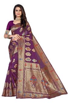 Purple Embroidered Art Silk Saree With Blouse