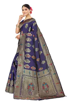 Blue Embroidered Art Silk Saree With Blouse