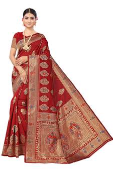 Maroon Embroidered Art Silk Saree With Blouse
