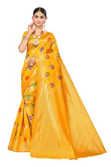 Yellow Embroidered Cotton Saree With Blouse