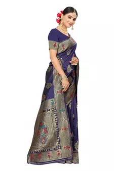 Blue Embroidered Art Silk Saree With Blouse