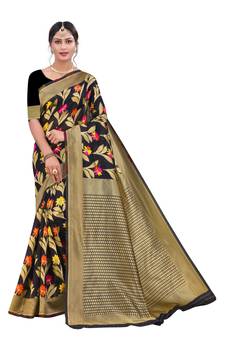 Black Embroidered Cotton Saree With Blouse