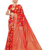 Red Embroidered Cotton Saree With Blouse