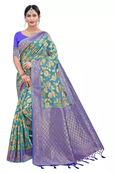 Blue Embroidered Cotton Saree With Blouse