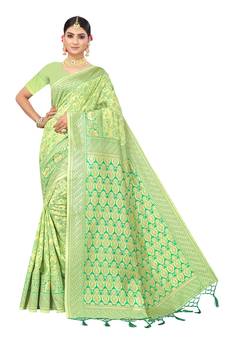 Green Embroidered Cotton Saree With Blouse