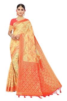 Red Embroidered Cotton Saree With Blouse