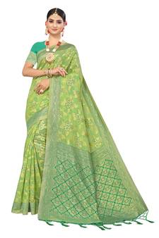 Green Embroidered Cotton Saree With Blouse