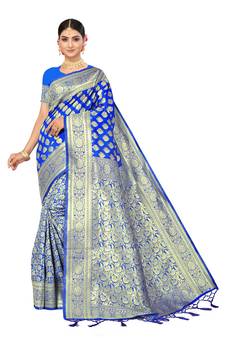 Blue Embroidered Art Silk Saree With Blouse