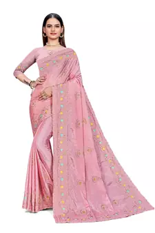 Multicolor Embroidered Chiffon Saree With Blouse