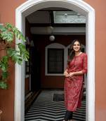 Weavllite Women's Maroon  Pure Cotton Block printed Kurta