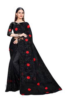 Black Embroidered Net Saree With Blouse