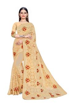 Beige Embroidered Net Saree With Blouse