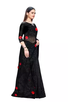 Black Embroidered Net Saree With Blouse