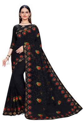 Black Embroidered Net Saree With Blouse 1