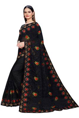 Black Embroidered Net Saree With Blouse 2