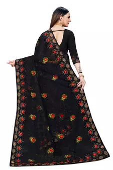 Black Embroidered Net Saree With Blouse