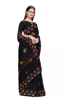 Black Embroidered Net Saree With Blouse