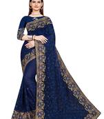 Blue Embroidered Net Saree With Blouse