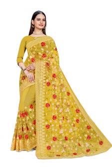 Yellow Embroidered Net Saree With Blouse